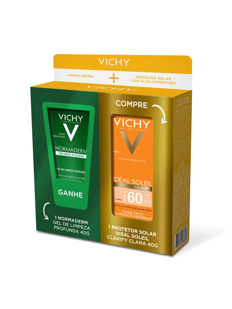 Vichy-Ideal-Soleil-Clarify-Clara-Protetor-Solar-40gr-Fps60---Gel-Para--Limpeza-Normaderm-Especial