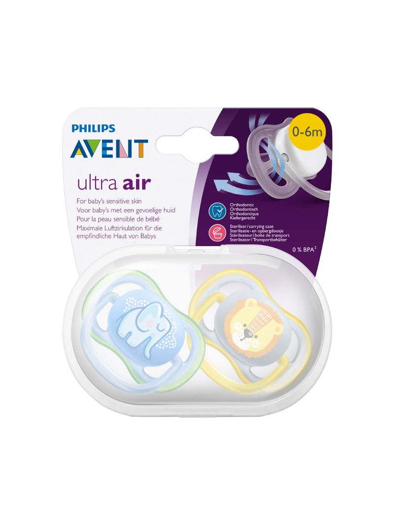 Chupeta-Avent-Ultra-Air-Com-2-Elefante-leao-0-6-Meses