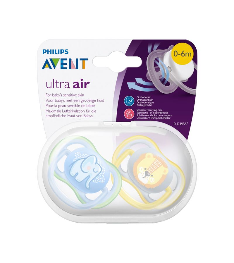 Chupeta-Avent-Ultra-Air-Com-2-Elefante-leao-0-6-Meses