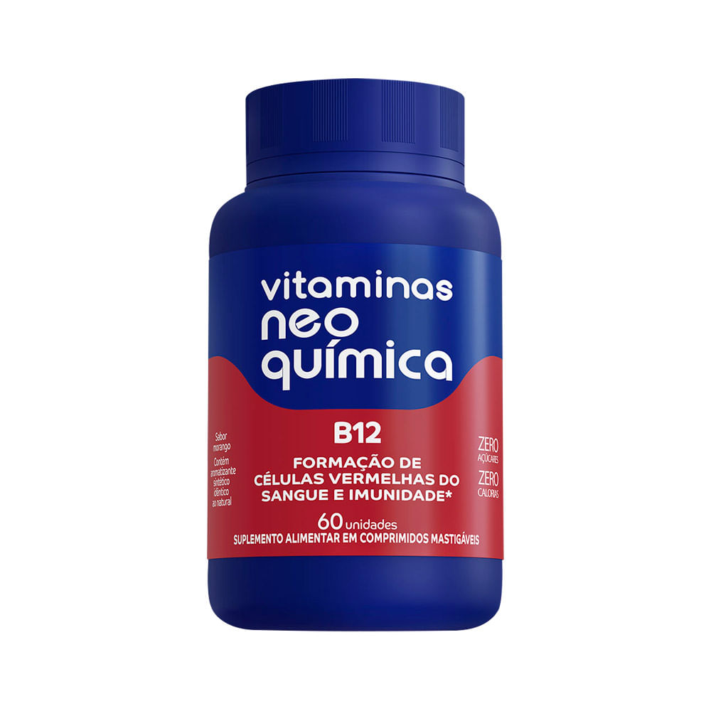 VITAMINA B12 NEO QUIMICA COM 60 COMPRIMIDOS MASTIGAVEIS SABOR MORANGO ...