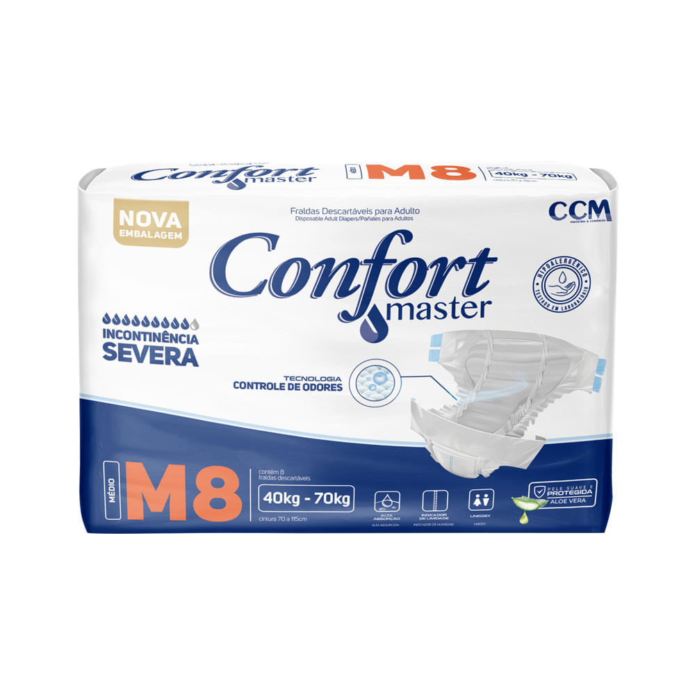 FRALDA GERIATRICA CONFORT MASTER M INCONTINENCIA SEVERA COM 8 UNIDADES ...